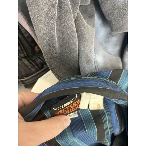 Western Fashions Men's L Blue Striped Pearl Snap Shirt - Picture 3 of 3